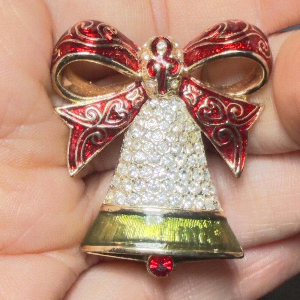 Monet Christmas Bell Brooch Rhinestone Red Enamel Holiday Pin 1.5”